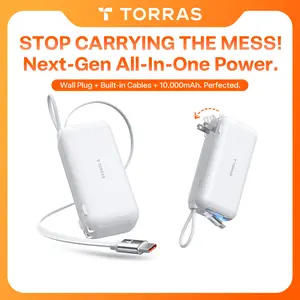 TORRAS EasyGo 3-in-1 Portable Charger 10000mAh Power Bank with 28" Retractable USB-C Cable Foldable Wall Plug 35W Fast Charging Travel Essential Battery Pack for iPhone 17/16/15 iPad Samsung Galaxy - White fathersdaygift