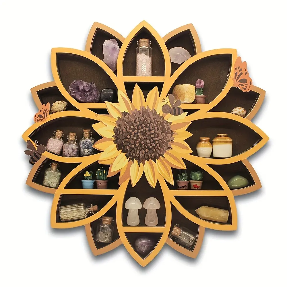 FNYDOXGI Decorative Wooden Sunflower Floating Shelf - 1pc UV Printed Whimsical Spiritual Hanging Floating Shelves with Gemstones, Essential Oils, Polished Finish, Butterfly-Themed Gift Box for Living Room, Study Organiser (Natural Look)