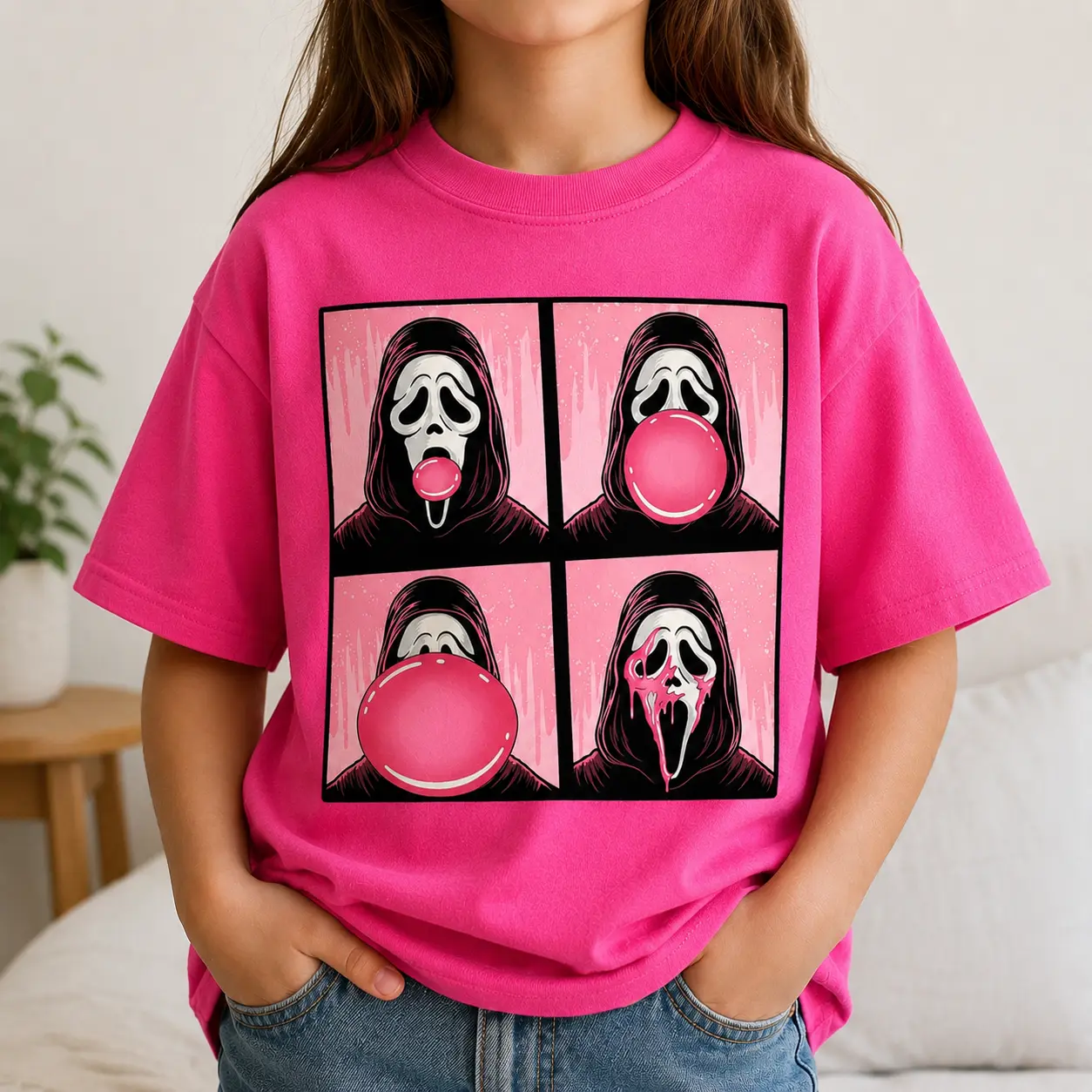 Youth and Adult Ghostface Pink Bubble Gum Shirt, Funny Halloween Graphic Tee, Spooky Horror Movie T-Shirt, Trendy Fall Aesthetic Apparel
