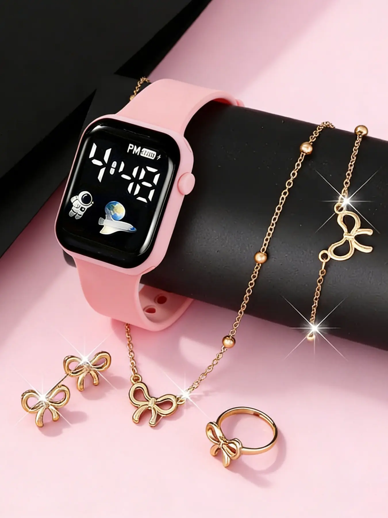 Female astronaut spaceship pattern LED electronic Square Dial Watch, Fashionable Stylish Watch and gold bow gift set, birthday gift, suitable for daily use, parties, casual wear, non-rechargeable battery, Fashionable Party Watch