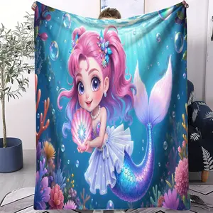 Cartoon Mermaid Princess Blanket, Soft Warm Lightweight Plush Blanket, Perfect Gift for Girls, Single-Sided Printed Blanket, Cartoon Pattern Blanket, Soft Warm Throw