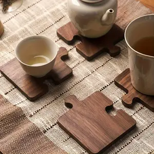 4 Pc Retro Wooden Puzzle Coasters, Heat-Resistant Base, Desk/Bar/Home Decor, Thanksgiving/Halloween/Christmas Holiday Decoration, Coffee Table Mat, Trivet Set