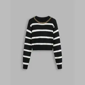 Cider [size 2-10] Knit Round Neckline Striped Chain Detail Crop Sweater