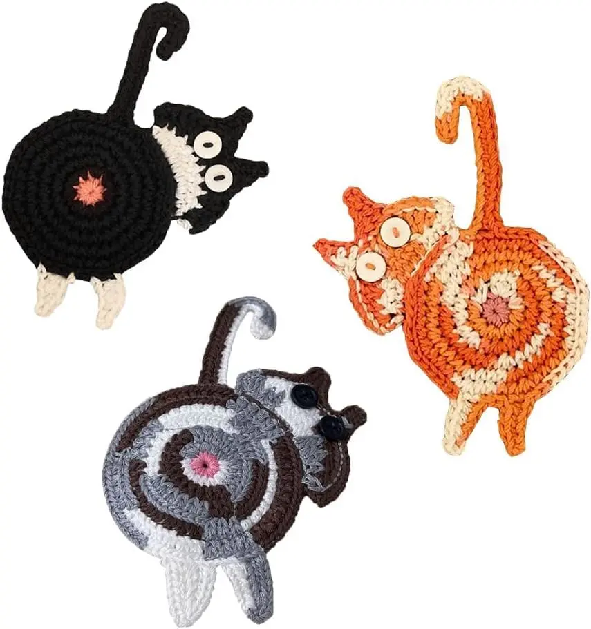 3PCS Cat Coaster Set for Cat Lovers – Cute Handmade Woven Drink Coasters, Heat Resistant & Insulated Coffee Tea Cup Coasters, Absorbent Table Protector, Funny Cat Gift for Women, Men, Home & Office Decor