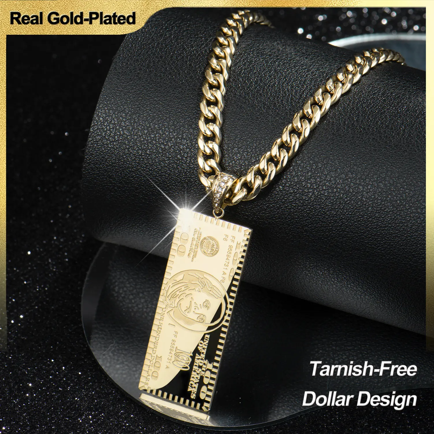 Holylegend 14K Real Gold-Plated Dollar Pendant Necklace, Double-Sided Mini Money Design, Iced Connector, 24" Cuban Chain, Hip Hop Jewelry Gift for Streetwear Lovers,Father's Day Gift