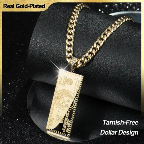 Holylegend 14K Real Gold-Plated Double-Sided Mini Money Dollar Pendant Gold Necklace - Iced Connector, 24" Cuban Link Chain, Unisex Hip-Hop Style, Adult Daily Wear Gift, 24" Chain