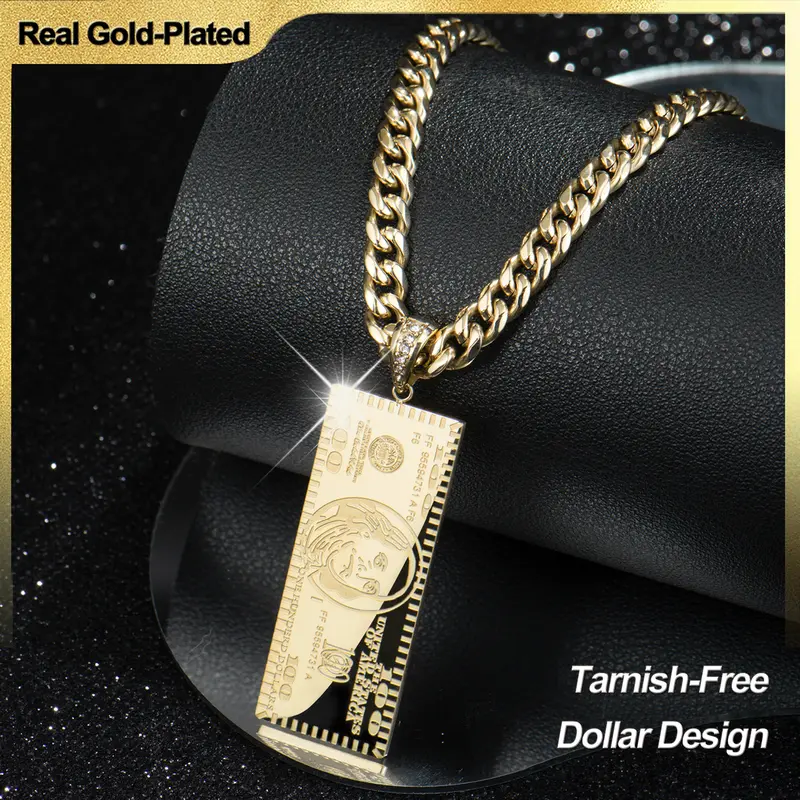 Holylegend 14K Real Gold-Plated Double-Sided Mini Money Dollar Pendant Gold Necklace - Iced Connector, 24" Cuban Link Chain, Unisex Hip-Hop Style, Adult Daily Wear Gift, 24" Chain
