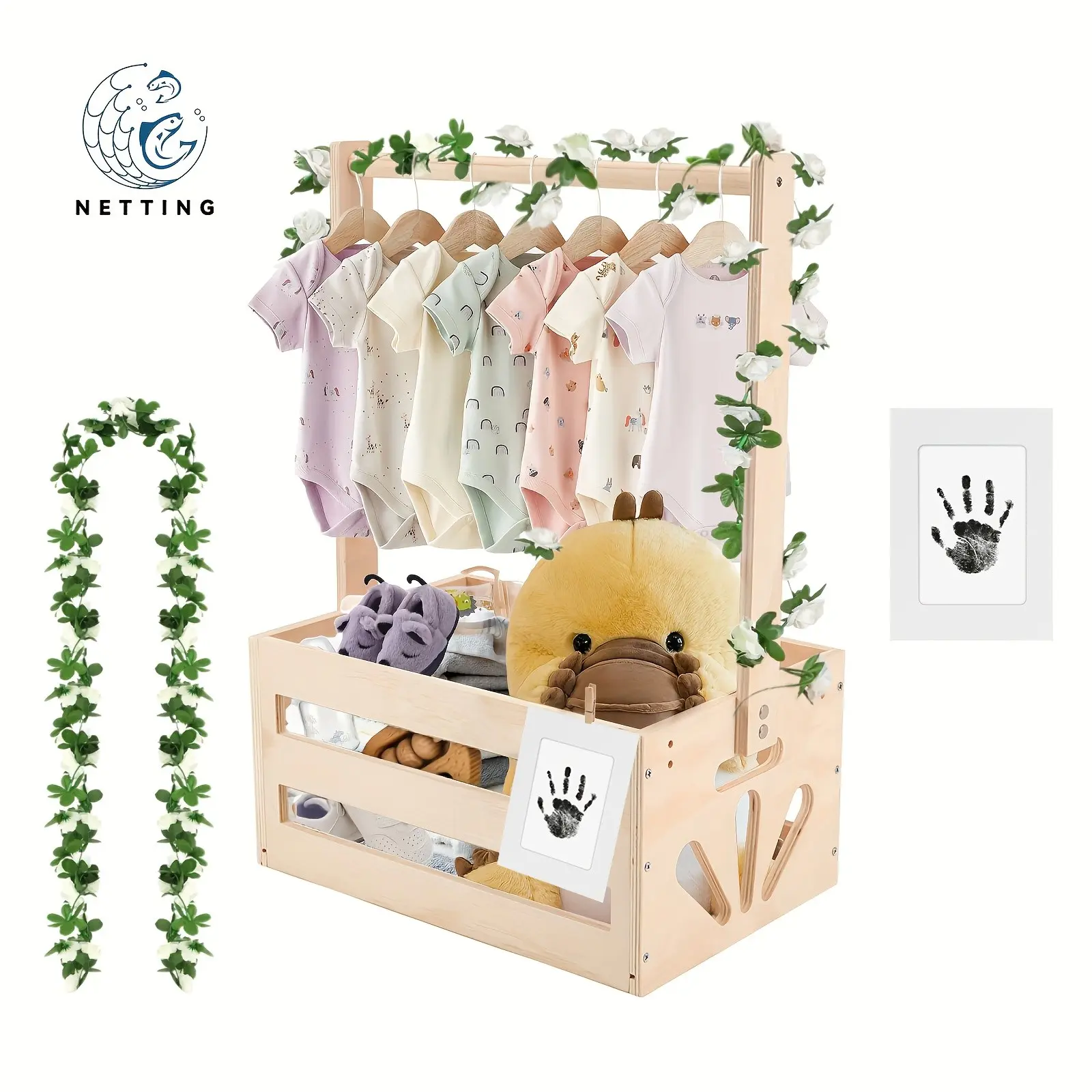 Wooden Baby Shower Crate, Storage For Organizing, Baby Storage Crate Clothes Baskets Organiser with Baby Handprint Ink Pads and Artificial Garland, Gift Basket for Newborn Boys Girls, Basket with Handles, Suitable for Christmas Gifts
