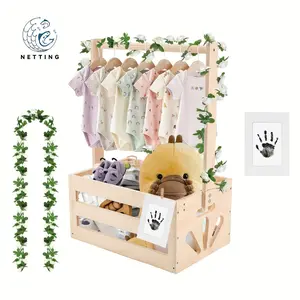 Wooden Baby Shower Crate Closet, Storage For Organizing, Baby Storage Crate Clothes Baskets Organiser with Baby Handprint Ink Pads and Artificial Garland, Gift Basket for Newborn Boys Girls, Pregnancy Gifts for New Parents, Suitable for Christmas Gifts