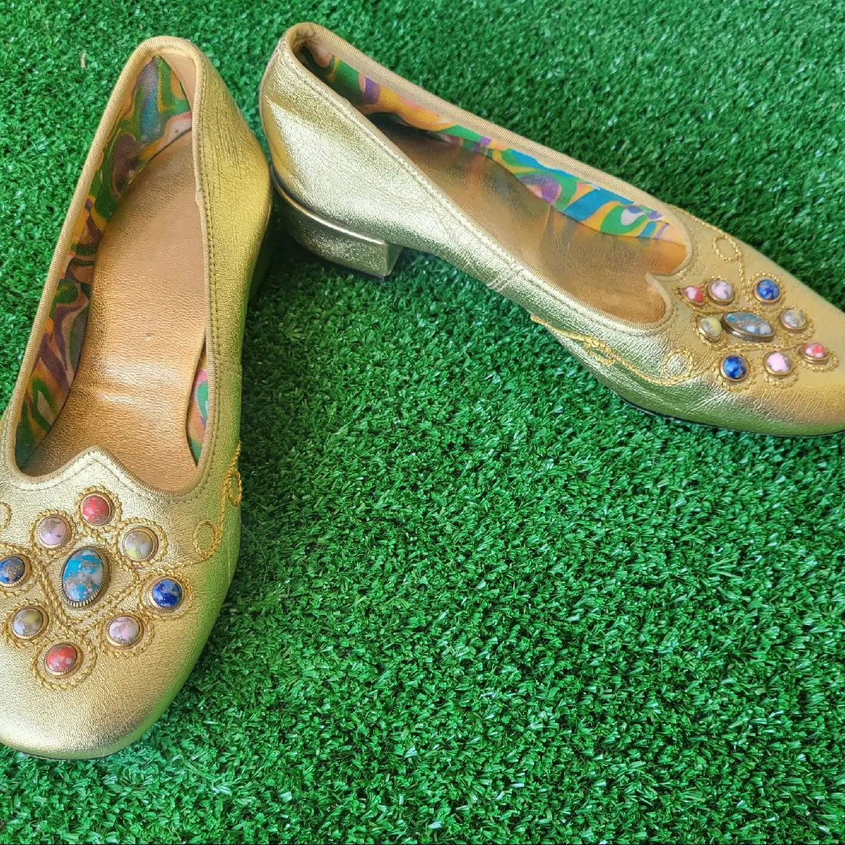 Vintage 1980’s Gold Slippers with Gemstone adornments Summer