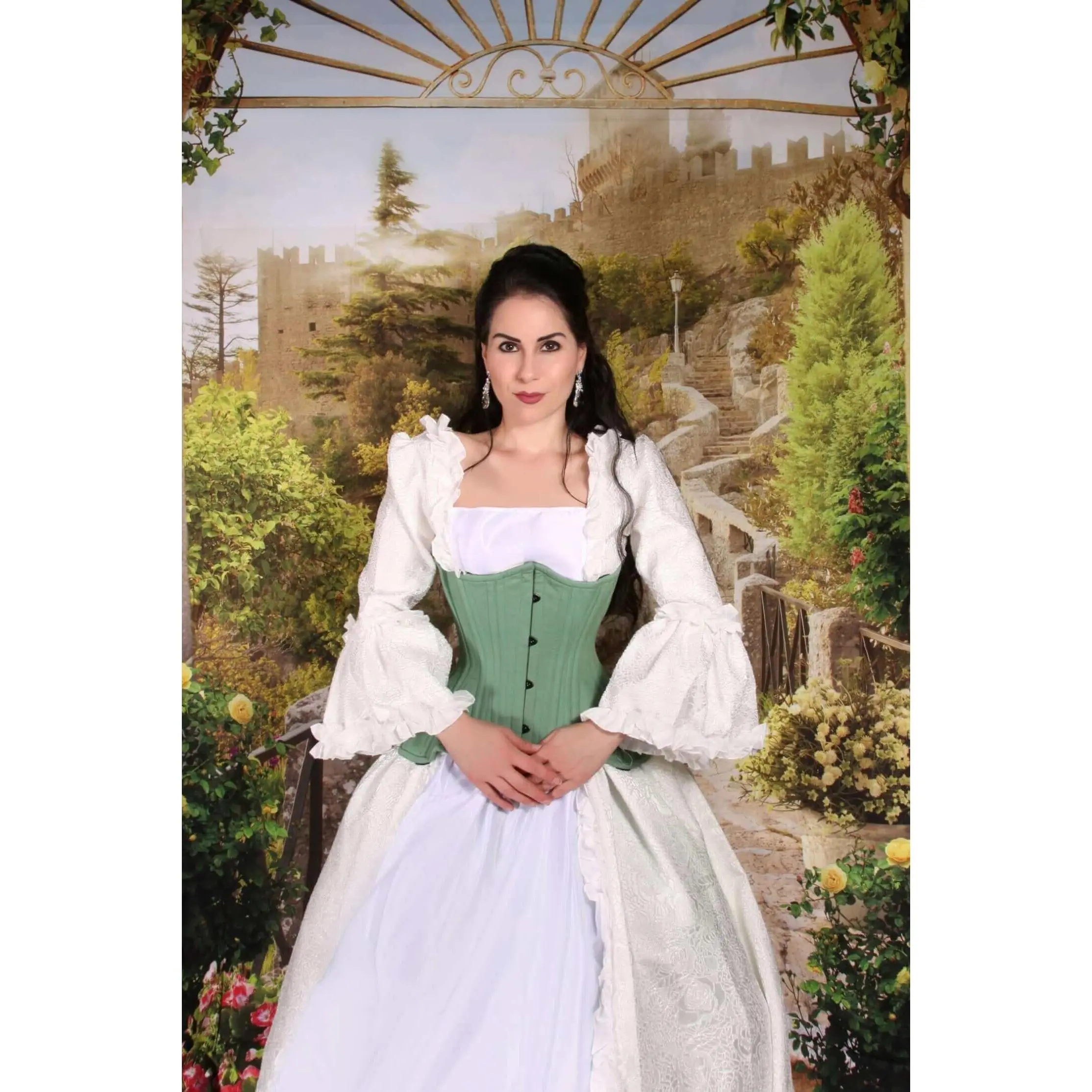 Bridgerton Period Costume in Curvella Mint Cotton Waist Training Corset