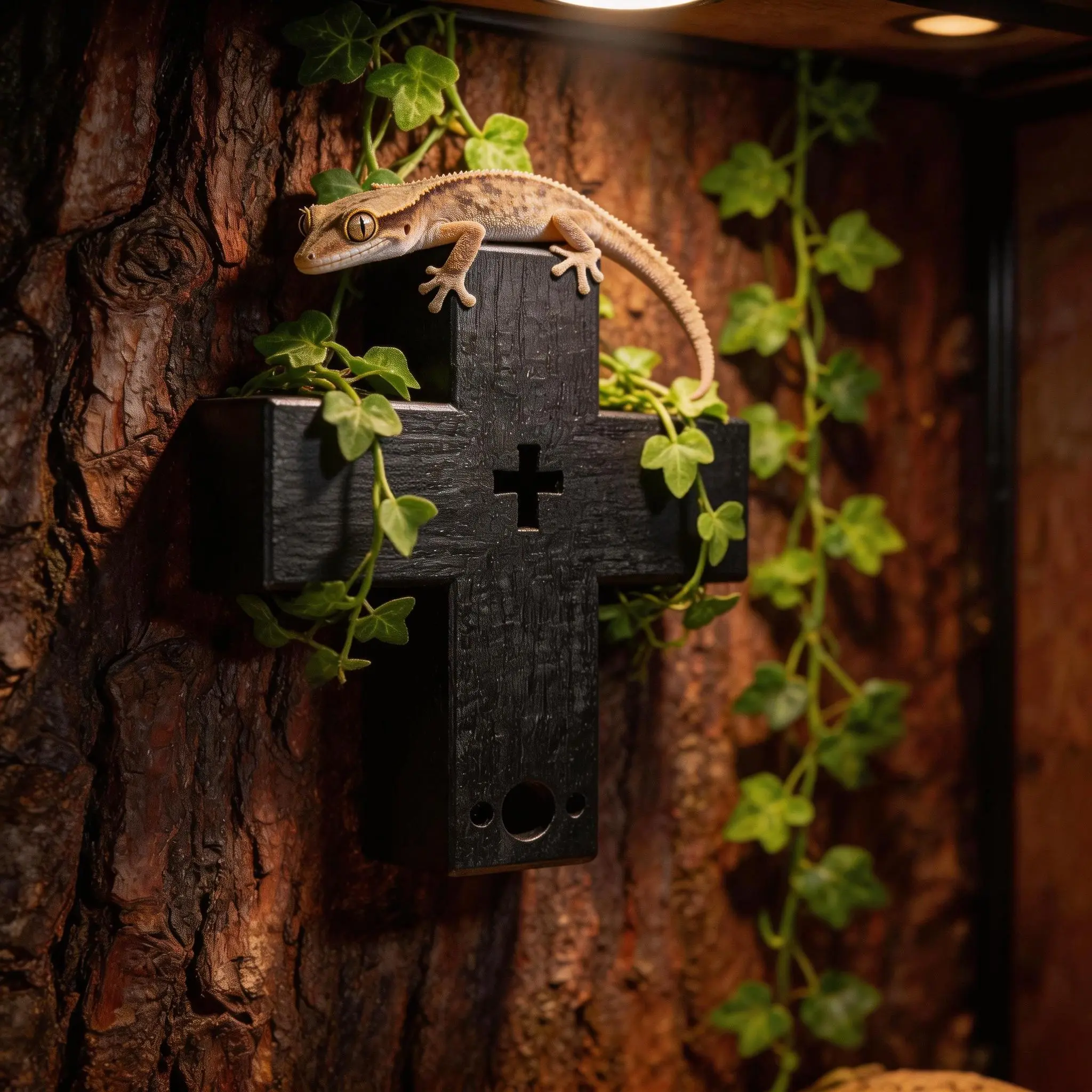 3D Printed Black Cross Theme Reptile Hideout, Dark Aesthetic Cave for Geckos & Small Snakes, Unique Terrarium Decor Enclosure