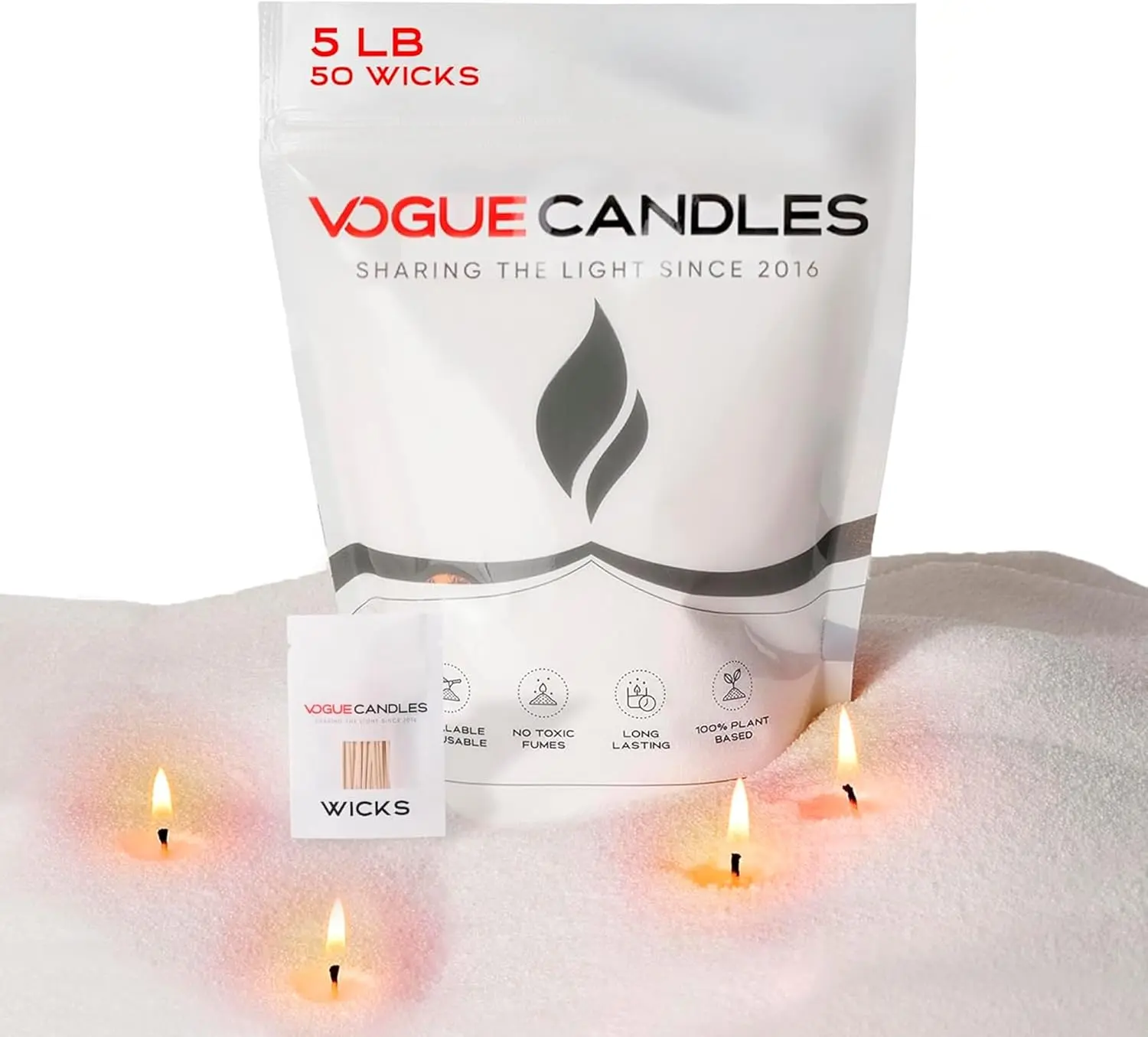 Sand Candle 5LB with 50 Wicks: Vogue Candles Pearled Candle Wax Refill for DIY Home Lighting – Reusable, Plant-Based Sand Wax Kit for Home Decor, Weddings & Custom Vessels (5 Color Options)