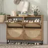 Vabches Rustic Rattan-Wood Freestanding Shoe Storage Rack - Narrow Organizer with Flip-Open Access, Display Riser, Plant & Key Shelf, Metal Legs, Rustic Oak Finish, 25kg Capacity, for Beauty & Household Items, Entryway Indoor Furniture