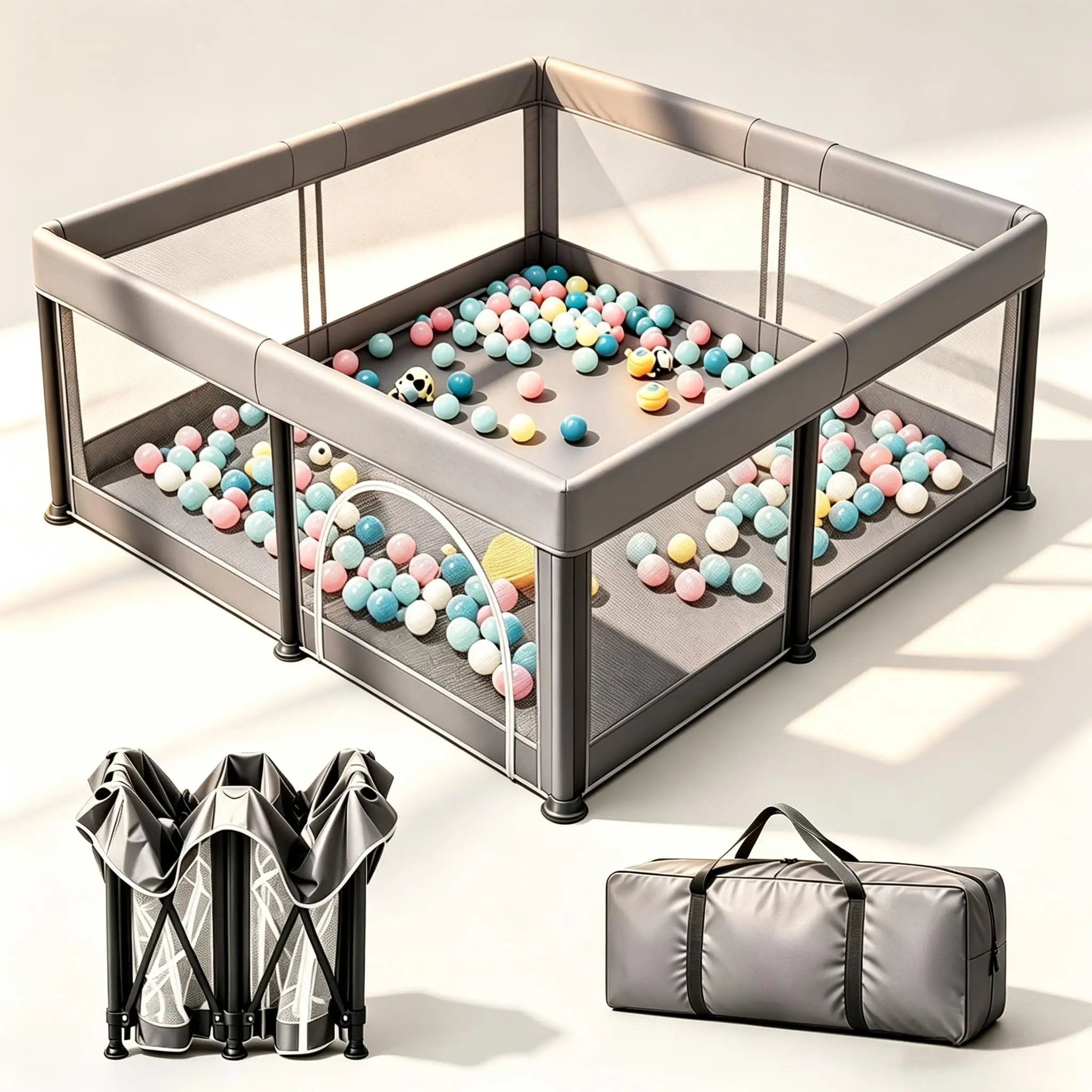 JINXIA Foldable Baby Playpen with Travel Pack, Grey | Collapsible Playard for Babies and Toddlers,Indoor&Outdoor Kids Safety Play Pen, 360° Breathable Mesh , Climb-Proof Anti-Fall, Portable Playpen, Safety Play Yard