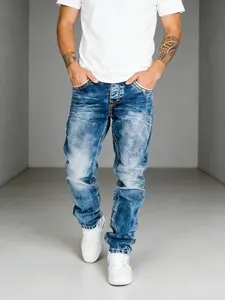 Men's Vintage Slim Fit Elastic Jeans Pants, All-Season Fashion Snowflake Design, Casual Streetwear Hip-Hop Straight Leg Denim