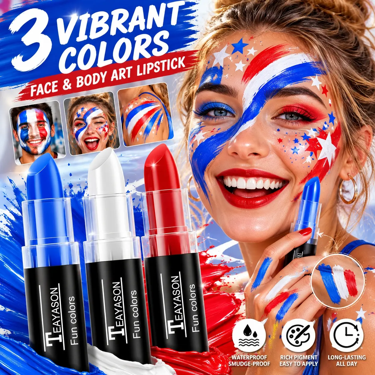 3 Colors 4th of July Independence Day Red White Blue Face Body Makeup Paint Stick, Blue White Red Flag Color Face Paint for Football Fans, Easy to Blend Easy to Apply Paint Stick For Football, Baseball Accessories