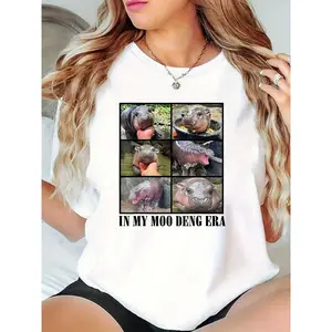 Women's In My Moo Deng Era Baby Hippo Collage T-Shirt, Cute Moo Deng Graphic Tee for Hippo Lovers, Casual Daily Outfit 100% Cotton T-shirt