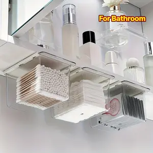 2 Pack Expandable Clear Plastic Cosmetic Storage Boxes Simple Bathroom Organizer Fit for Cotton Swabs Cotton Pads Lipsticks Pull Out Hidden Shelf For Mirror Cabinet Wall Mounted