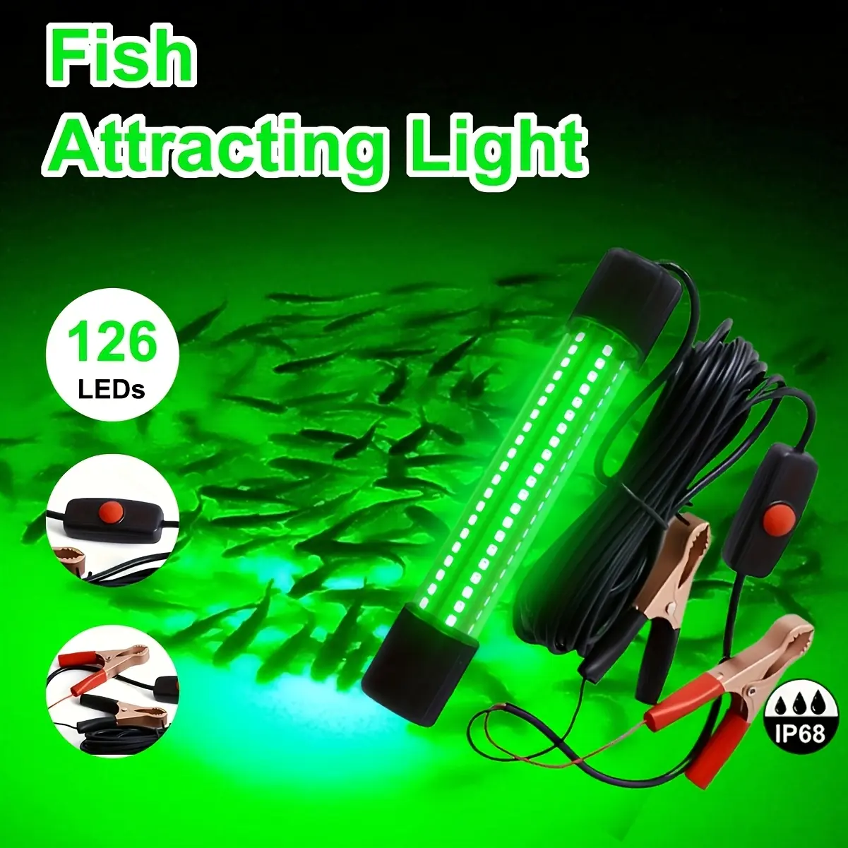 12V 126 LEDs 13W fishing light Underwater Night Fishing Lure Finder Light Green Submersible Fishing Lights with 5M Power Cord for Pool Boat Sea Ice Fishing Attractants More Fish