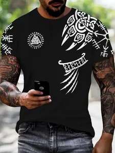 Viking Mythology Runes Printed T-Shirt, Men's Vintage Nordic Style Loose Fit Short Sleeve, Casual Street Fashion Streetwear for Daily Wear
