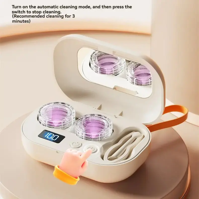 Ultrasonic Contact Lens Cleaner Rechargeable Eye Contact Cleaner with Vanity Mirror Compact Contact Lens Cleaner with Two Cleaning Modes Fits Hard, Soft, Multicolor Contact Lens Lens Storage