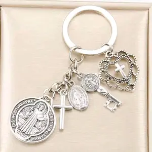Saint Benedict Keychain with Cross and Key Charms Religious Gift for Protection and Blessing