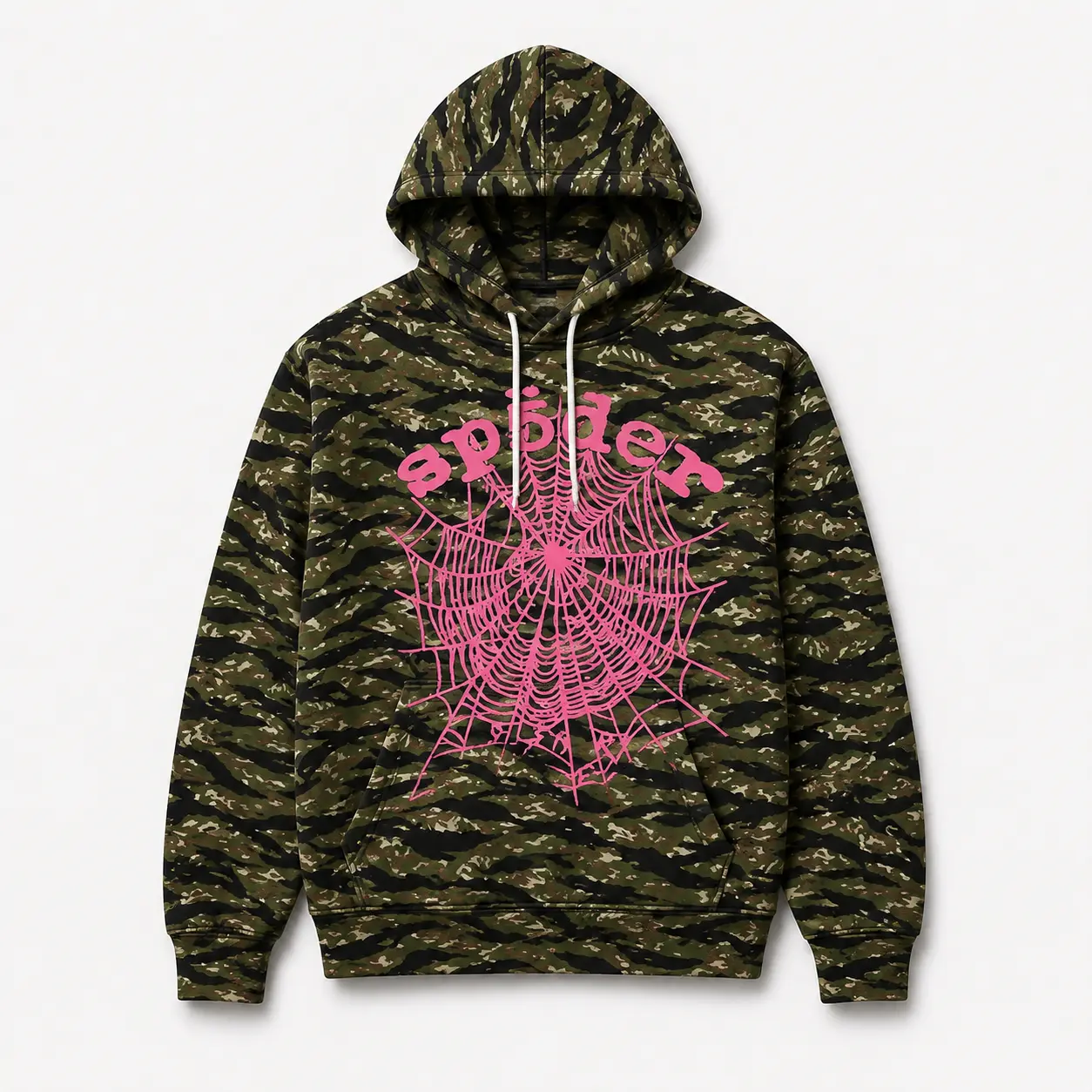 Sp5der OG Web V2 Tiger Camo Hoodie, Spider Web Graphic Pullover Streetwear Sweatshirt