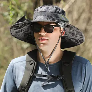 Solar fan cap, UV resistant outdoor wide brimmed fisherman's cap, with 180 ° adjustable fan, UPF50, USB and solar power supply, suitable for beach, camping, outdoor, fishing