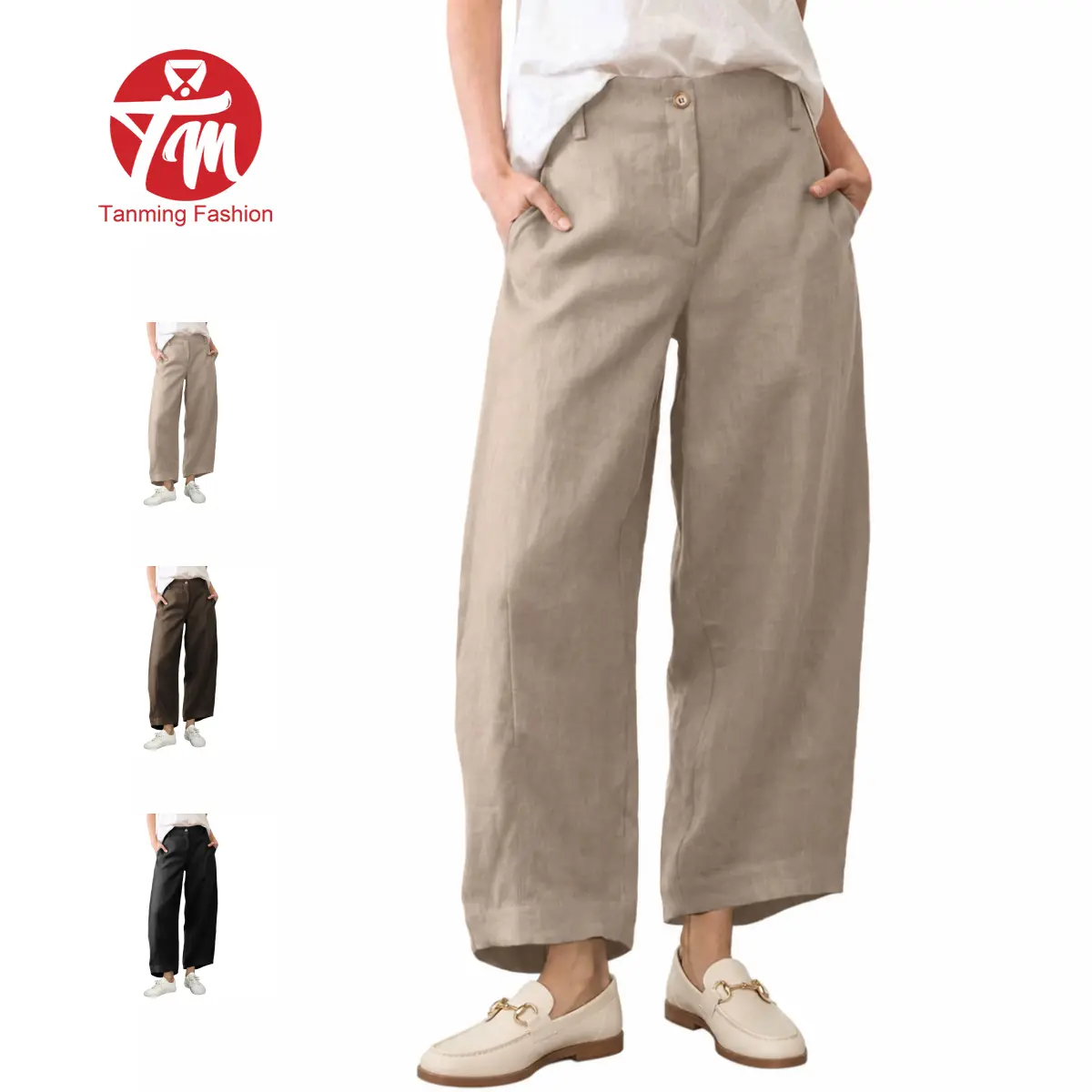 Tanming Women's Casual Baggy Linen Blend Pants, High Waisted Pull On Wide Leg Style with Pockets for Summer, Bottom, Cotton, Zip, Ankle, Lightweight, Lo, Plain, Evening