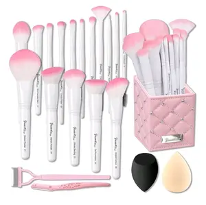 Bueart Design 16Pcs ULTRA SOFT labeled Makeup Brushes set with brush Holder face brush for Foundation Powder Blending Blush wooden Handle(16Pcs White+Pink Holder)