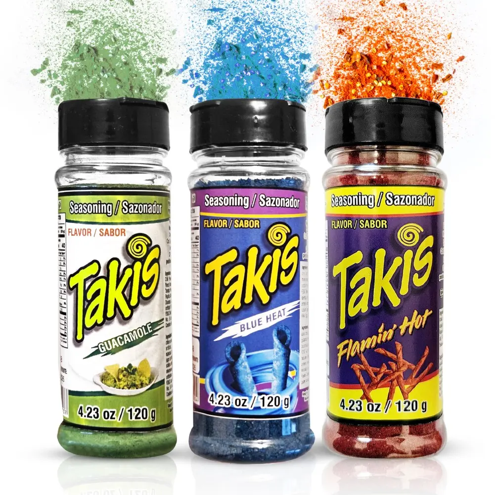 Takis Powder Flamin Hot, Blue Heat & Guacamole 3 Pk, Takis Seasoning Dust 90 gr 3 Pk for Fruit, Popcorn, Corn, Chamoy Pickle Kit, Polve De Takis Fuego, Chili Powder, Wing Seasoning, Mexican Spicy Flavor