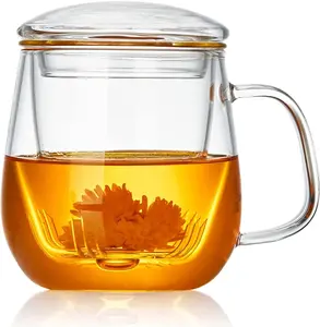 Glass Tea Cup with Infuser and Lid 17.6oz | Borosilicate Clear Glass Mug for Loose Leaf Blooming Tea | Aesthetic Tea Lover Gift