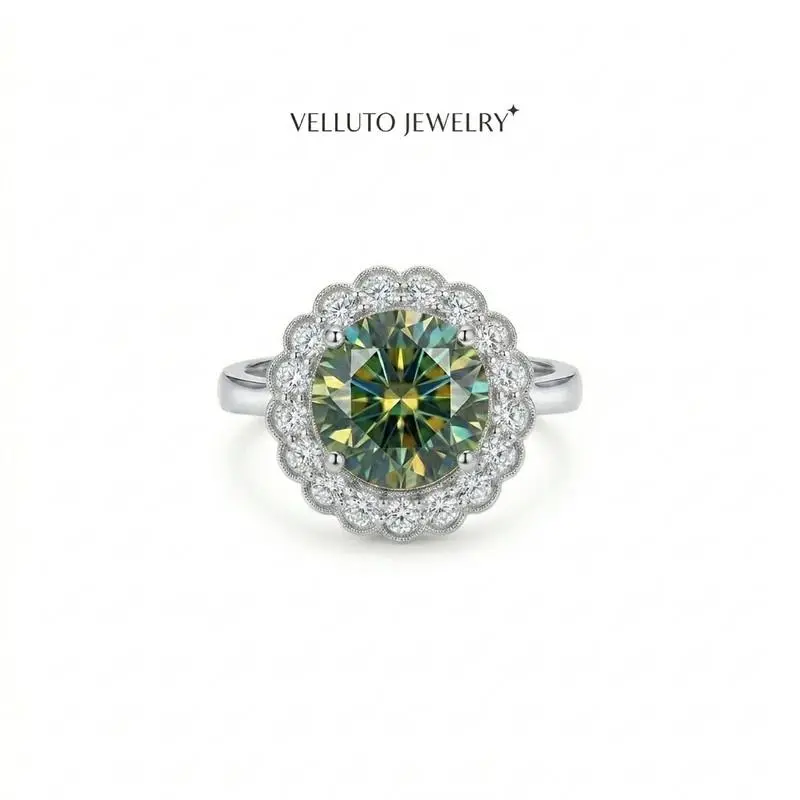 PLATINUM PLATED GREEN MOISSANITE ADJUSTABLE 2.0CTW VVSD Color - Majestic - Gift Set - Platinum Plated Ring