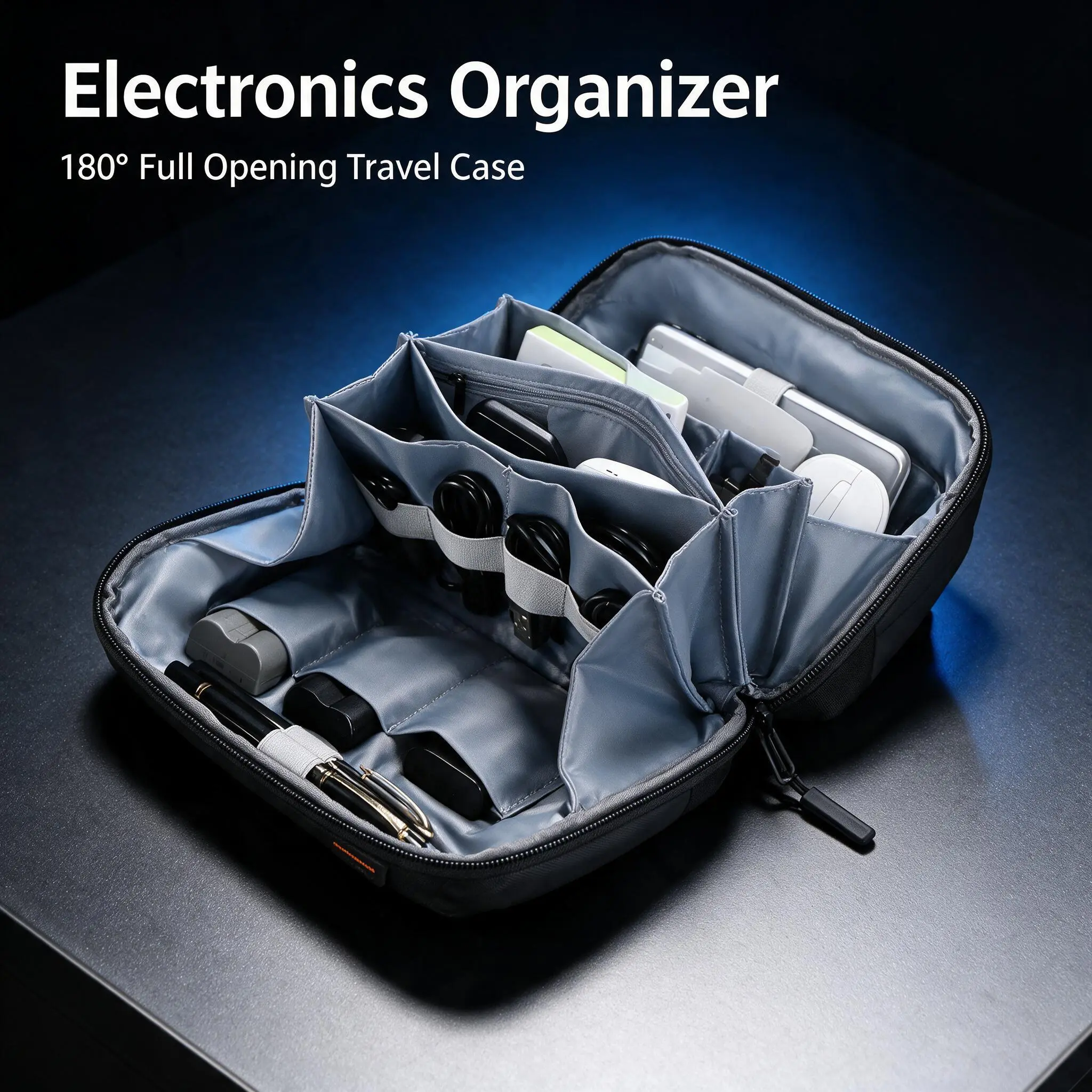 Volcanic Waterproof Tech Organizer Bag - 180° Full Opening, Portable Travel Gear, Compact Cable Management Bag with Shockproof Cover, Moisture Shield, Tangle-Free Lines for Airplane Travel & Home Storage