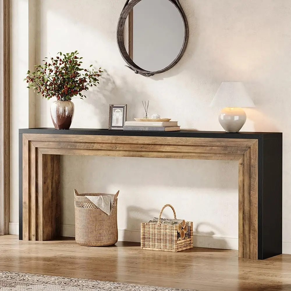 Tribesigns 70.9-Inch Farmhouse Wooden Console Table for Living Room, Entryway, Hallway - Black and Brown