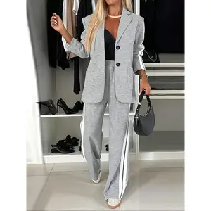 Elegant Plus Size Women's Blazer Jacket & Pants Set, Spring & Fall Fashion, Comfortable Fit for Various Occasions, Trendy Commuting Office Suits