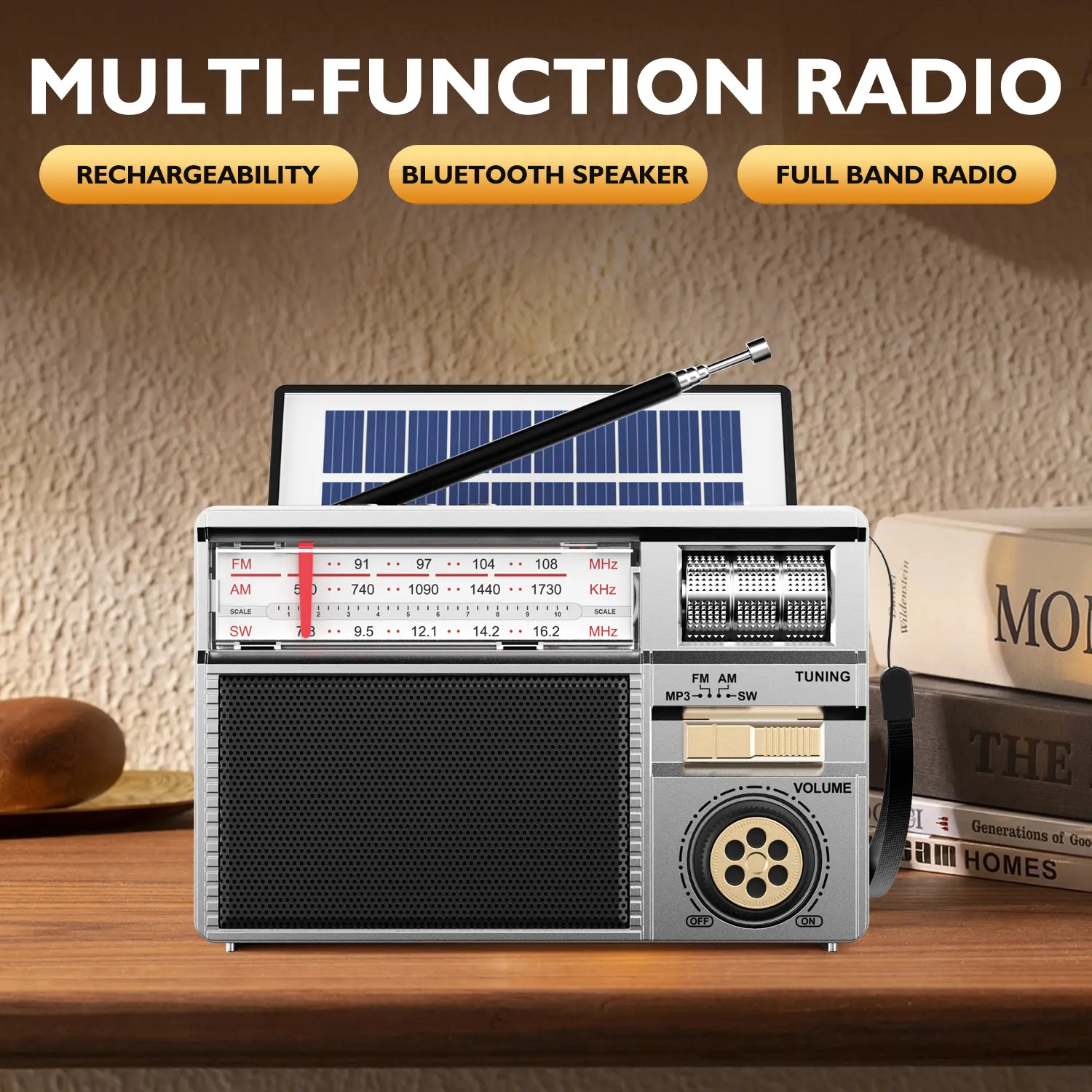 Retro All-Band Multifunctional Rechargeable Fm Radio with Wireless Audio Connectivity, Solar Powered & Multi-Mode Charging, Chargeable Long-Lasting Battery & Multiple Play Modes