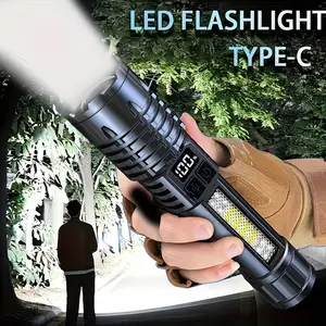 Rechargeable Xhp50 LED Flashlight, USB Charging, 5 Modes, Adjustable Focus, Digital Display, Ideal for Camping, Fishing, Hunting