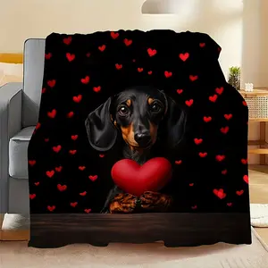 Vintage, And Cute Dachshund Heart-Shaped Themed Printed Fleece Blanket, Stylish, Soft, And Warm, Suitable for All Seasons As a Multifunctional Gift. Blanket Is Perfect for Use on Sofas, Beds, in The Office, And While Traveling Warm nap Blanket