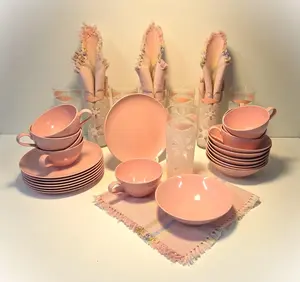 Vintage 36-Piece Pink Luncheon Set: 8 Lenotex Cups, 8 Bowls, 8 (7") Plates, 8 Anchor Hocking 16 Oz Snowflake Glasses & 4 Pink Cloth Napkins