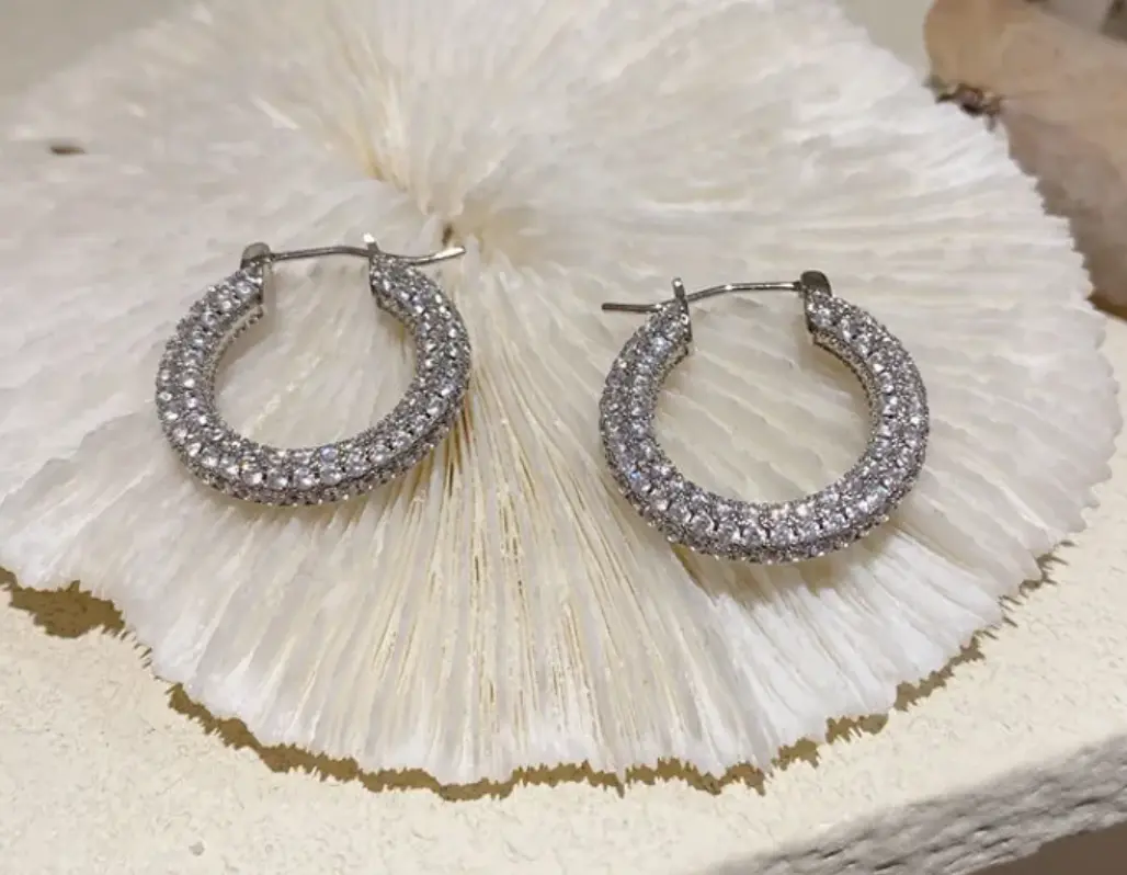 Silver Diamond Bubble Hoop Earrings, Hoop Shape Earrings with Copper Base for Women's Fashion Costume Jewelry