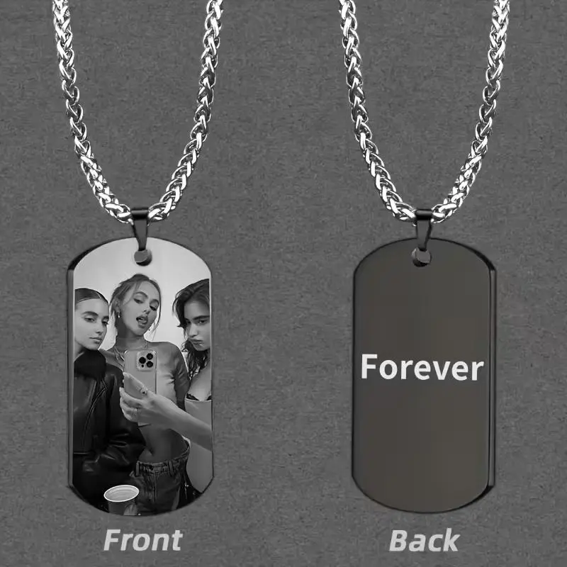 Custom Photo Engraved Metal Dog Tag Charm Necklace - Casual Personalized Chain Accessory for Pet Lovers, Black Link Collar Add-On, Pet Supplies Gift