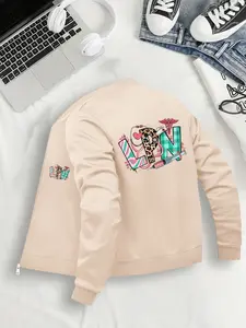 Women's Casual Fitted Jacket, Coats, Lpn Graphic Pattern, Baseball Collar, Zipper Closure, Pockets, All Seasons, Womenswear, Sizes S to Xxl