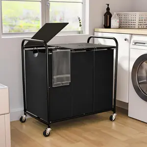 180L (47.55 Gal) 3-Section Rolling Laundry Sorter with Lockable Wheels and Lid, Laundry Hamper with 3 Separated Removable Bags for Laundry Room Organization, Black