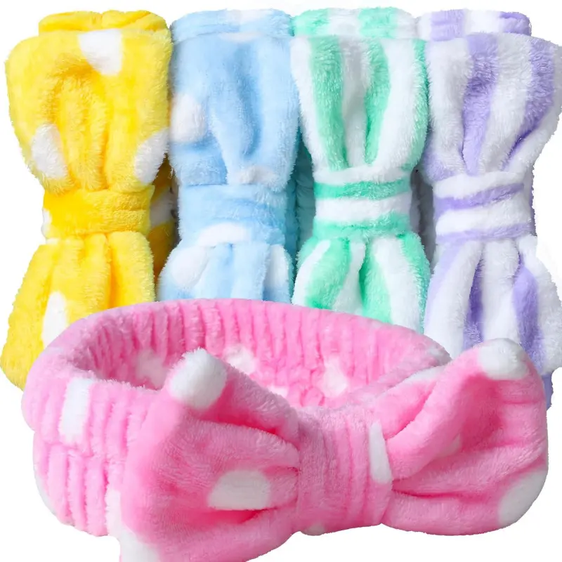 5 Pcs Makeup Headbands with Removable Bows - Facial Washing & Spa Headbands for Teens & Women, Perfect for Christmas Gift Baskets, Skincare Hair Bands,Value Family Pack, Headband Set