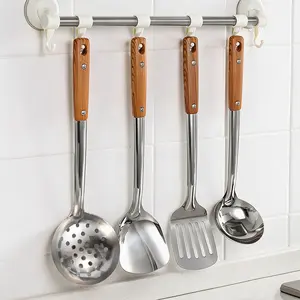 4 piece Stainless Steel Wok Tools Set Kitchen Utensils Cookware Skimmer Ladle Tool Metal Spatula for home use, hotel, restaurant