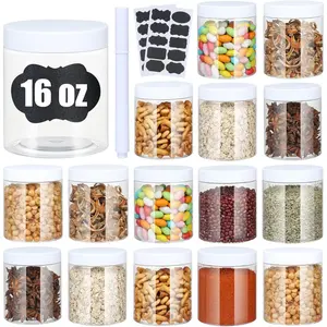 Plastic Jars with Lids, 16 oz Plastic Containers with Lids Clear Airtight Container Storage Jar Mason Jars for Dry Food Peanut Butter Honey Jam Cosmetics, Pack of 16 (16 PCS White Lids) Kitchen Set
