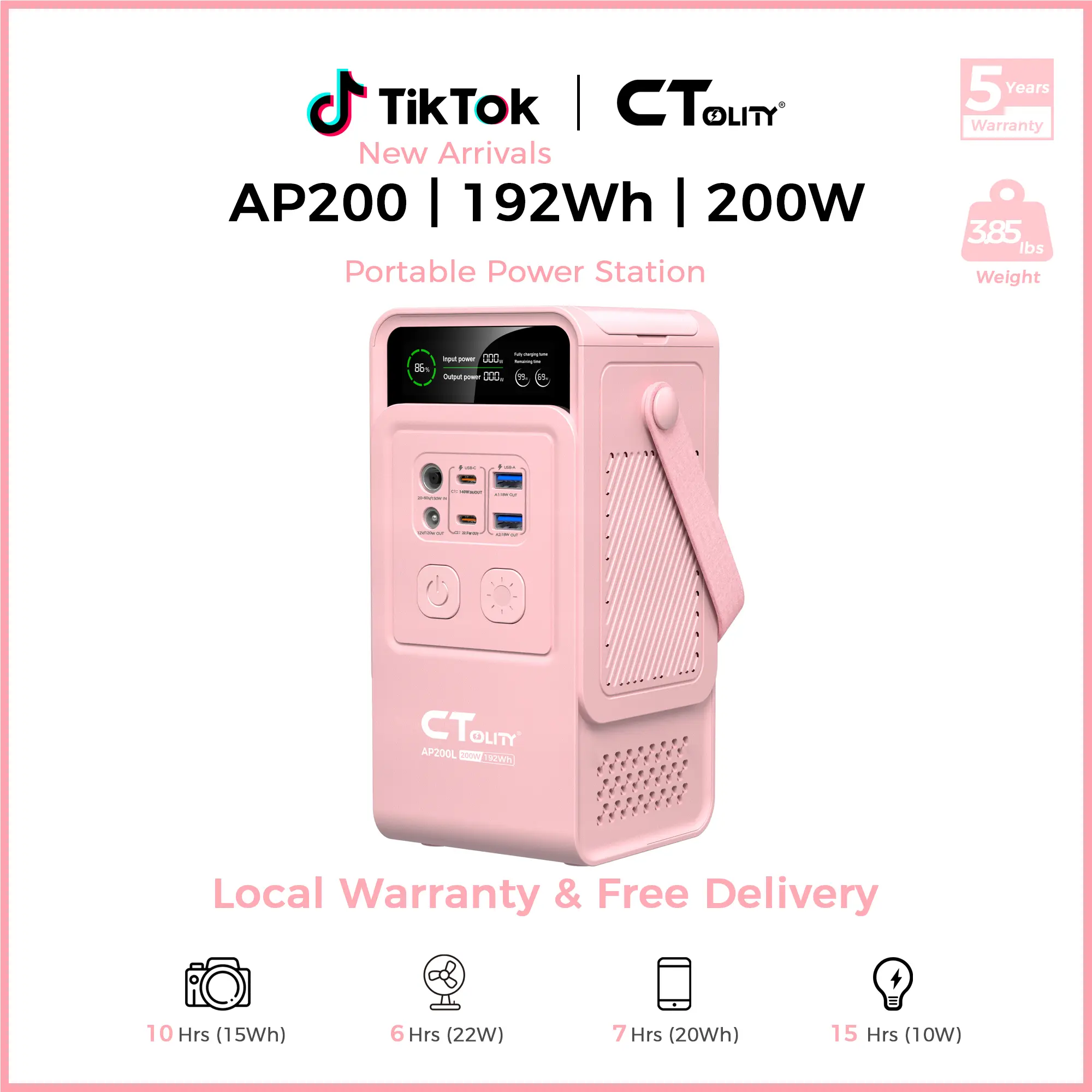[Summerfinds]CTOLITY AP200 Portable Power Bank 192Wh 200W LiFePO4 Battery 4000+ Cycle 140W Fast Charging  LED DC Solar 150W, Accessories, Mobile