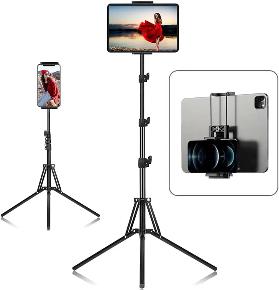 63" Tablet&Phone Tripod Stand Floor Stand Height Adjustable Foldable Tripod Stand For Most Cell Phone Or Tablet Accessories
